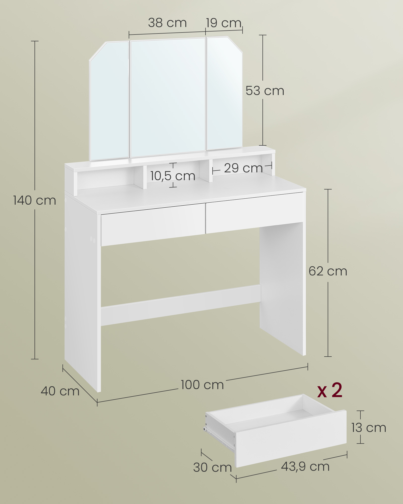 VASAGLE Schminktisch, Frisiertisch mit Klappspiegel und 2 Schubladen, Kosmetiktisch mit 3 offenen Fächern, Frisierkommode