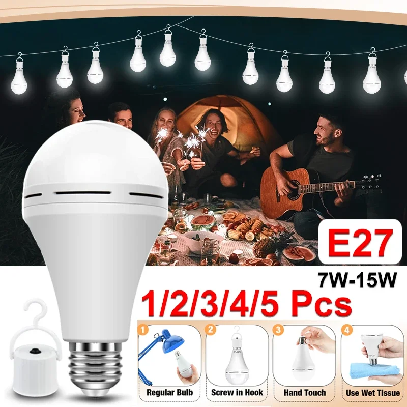 Bombilla LED recargable para exteriores, luz de emergencia impermeable, luz nocturna colgante portátil, ajustable, para acampar, pescar y jardín, 1-5 uds.
