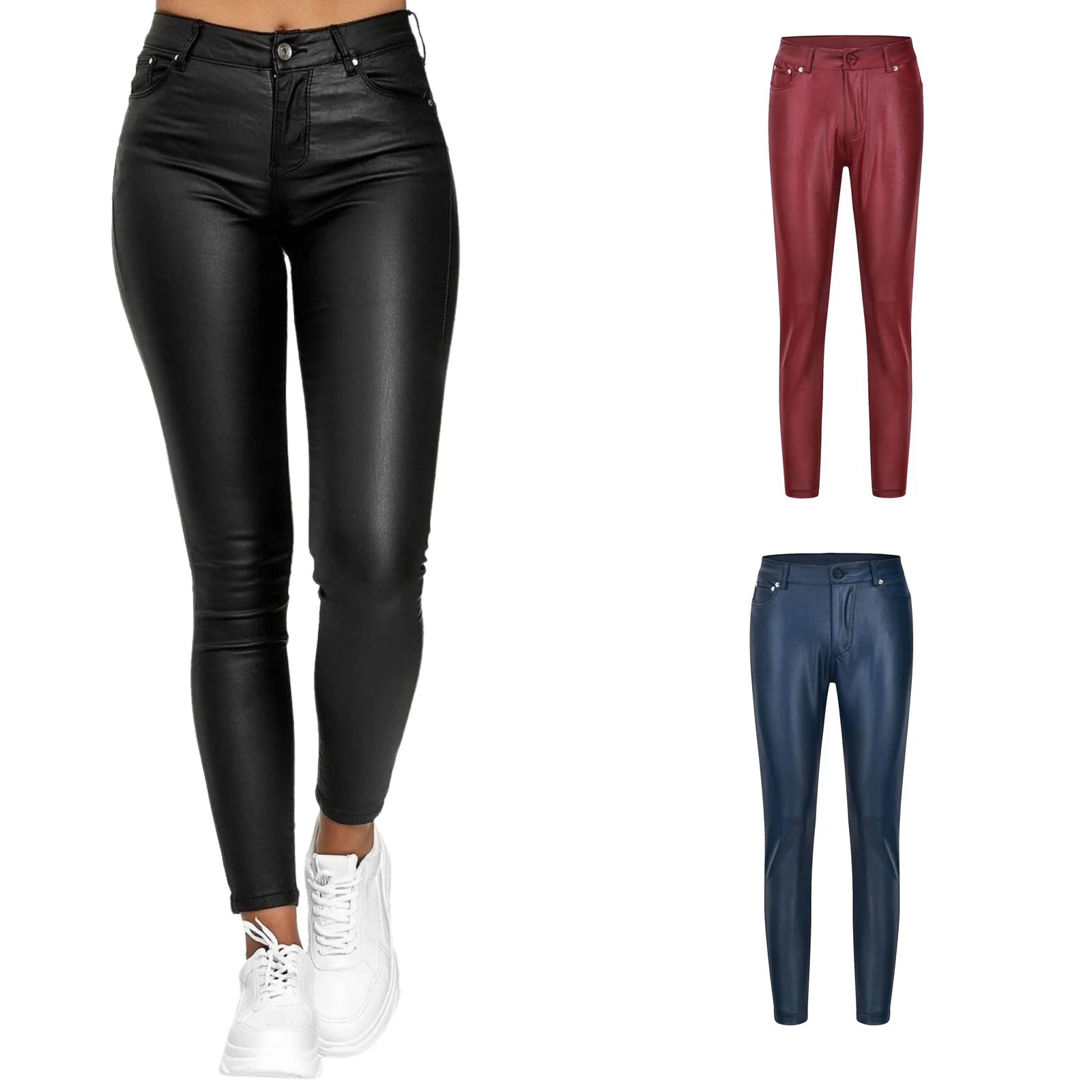 Neue Frauen PU Leder Hosen Schwarz Sexy Stretch Bodycon Hosen Frauen Hohe Taille Lange Casual Bleistift Hosen Plus Größe XS-4XL