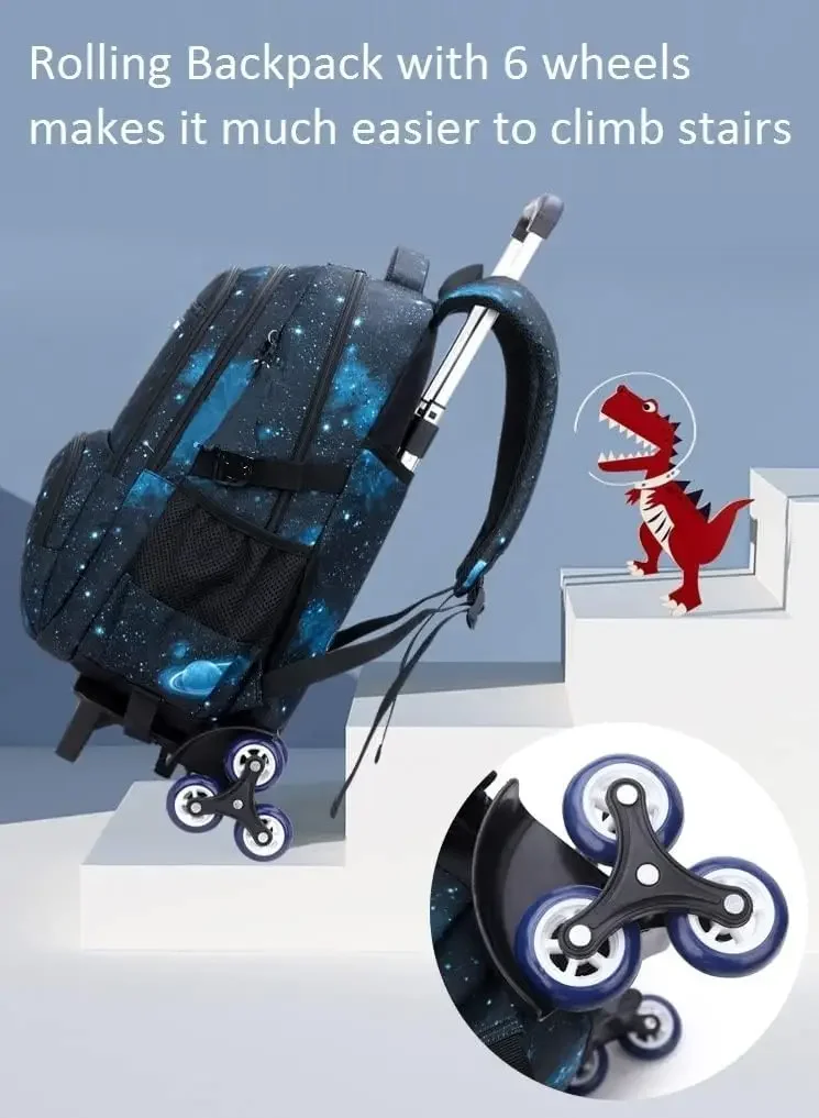 Kinder-Schultasche mit Rollen, rollender Rucksack für Jungen, Schultasche mit Rollen, 6-Räder, Trolley, Büchertasche, Handgepäck mit Lunchtasche
