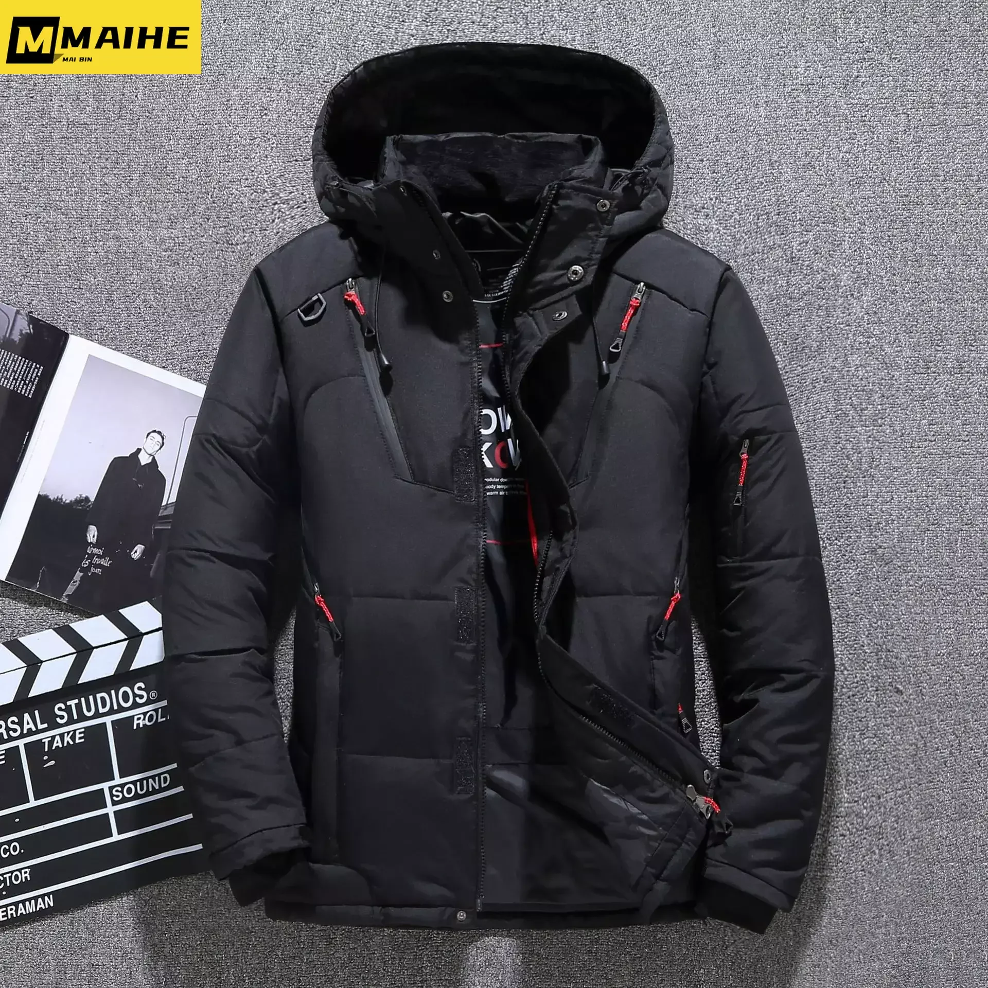 แจ็กเก็ตขนห่านสำหรับใส่กลางแจ้งหรูหราสำหรับฤดูหนาวเสื้อคลุมขนเป็ดหนาเสื้อขนเป็ดมีฮู้ดสีพื้นอบอุ่นสำหรับผู้ชายแจ็คเก็ตขนเป็ด2024