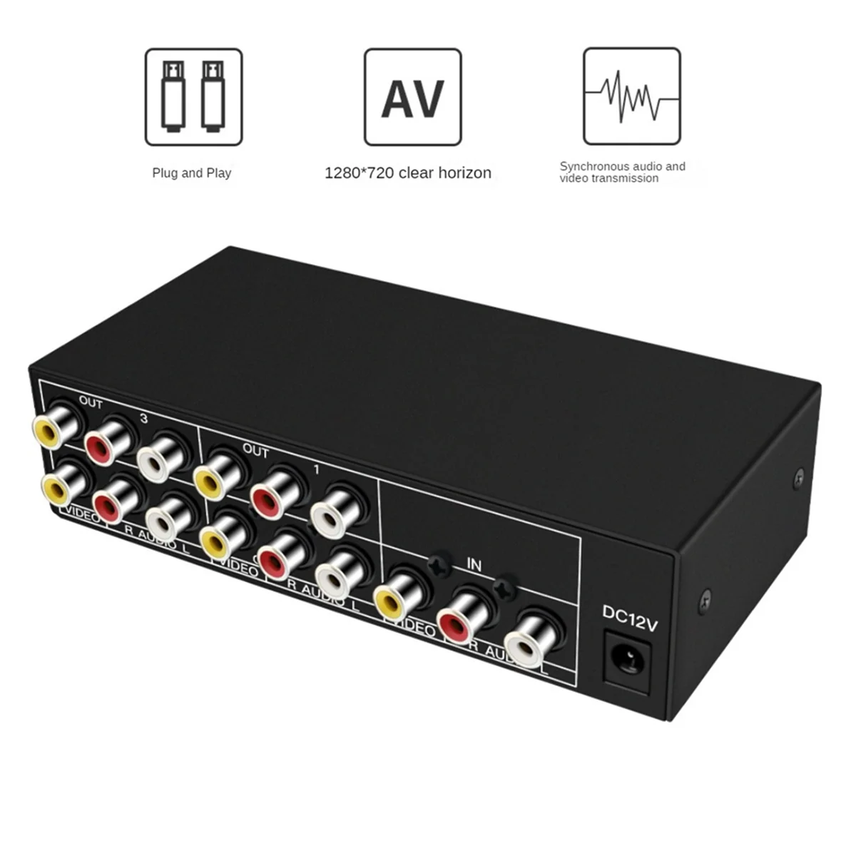 XFDE 4-Way AV Splitter 1 in 4 Out Composite RCA AV Splitter 1X4 Video Audio RCA Splitter Distributor for DVD C-VBS US Plug