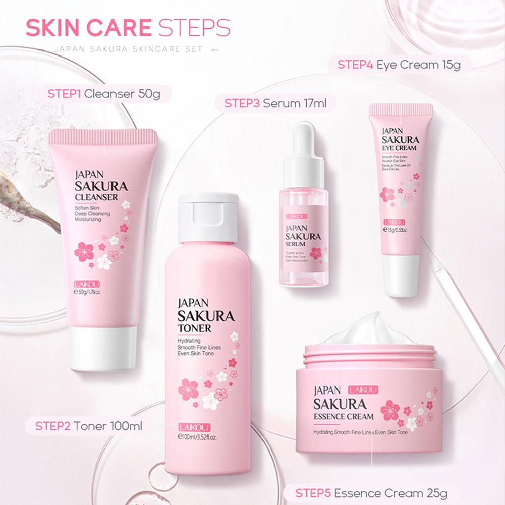 5/6 pçs sakura conjuntos de cuidados com a pele creme facial soro toner limpador facial protetor solar creme para os olhos rosto produtos de cuidados com a pele