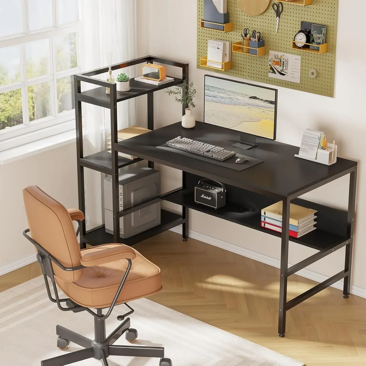 Computer Desk with 4 Tier Storage Shelves - 41.7 Inch Student Study Table with Bookshelf Modern Wood Desk with Steel Frame