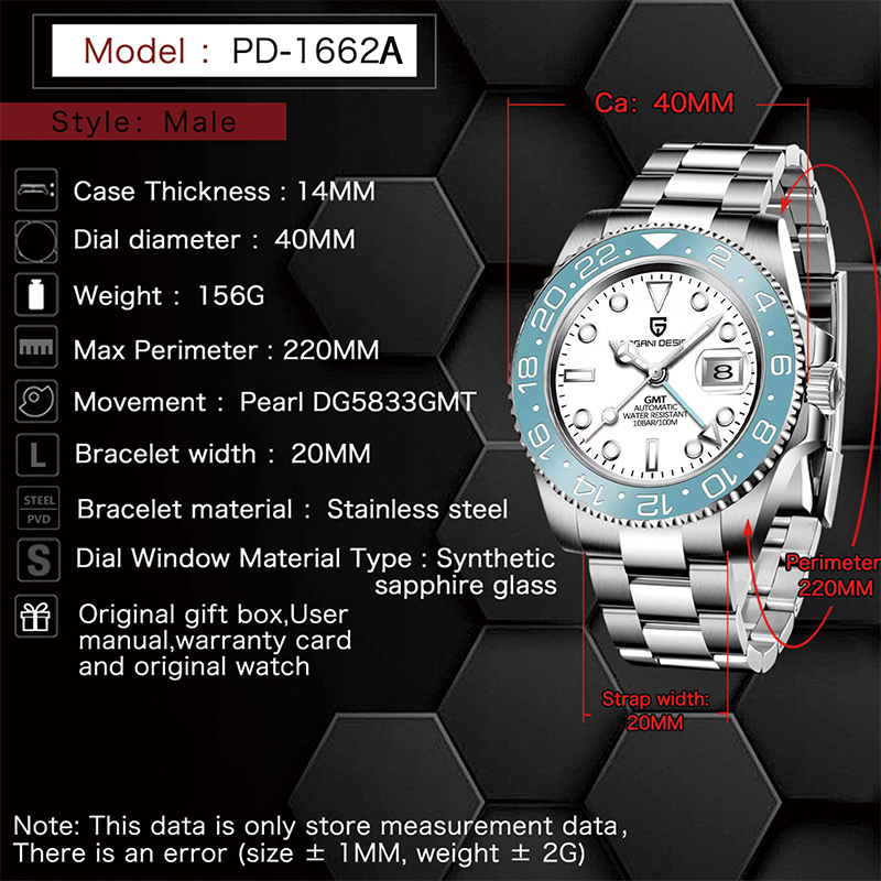 Reloj de pulsera mecánico PAGANI DESIGN para hombres GMT de lujo, reloj de cristal de zafiro de acero inoxidable 100M, relojes automáticos a prueba de agua