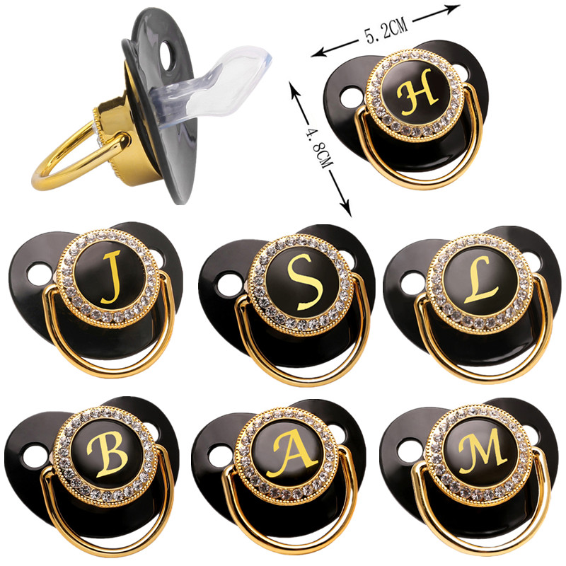 Chupete para bebé con nombre de 26 letras iniciales, chupete negro brillante sin BPA de silicona para recién nacido, chupete para recién nacido