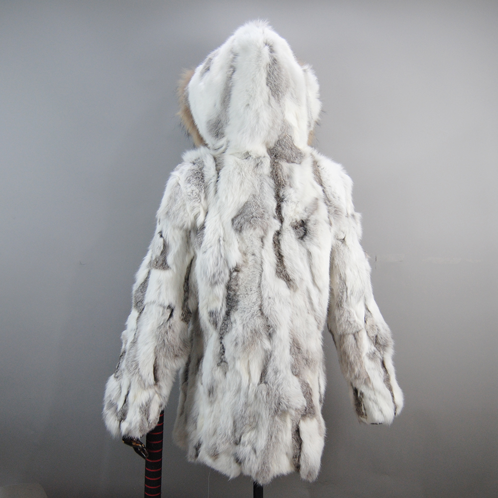 Senhora inverno com capuz casaco de pele real natural quente jaqueta de pele de coelho com gola de pele de guaxinim feminino 100% genuíno pele de coelho outerwear