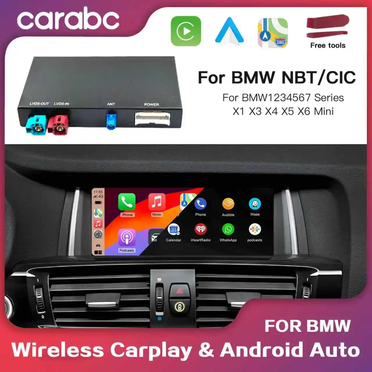 Carabc carplay sem fio para bmw mini f30 f31 f20 f21 f10 f01 x5 e70 x3 f25 nbt cic sistema android auto módulo de integração oem