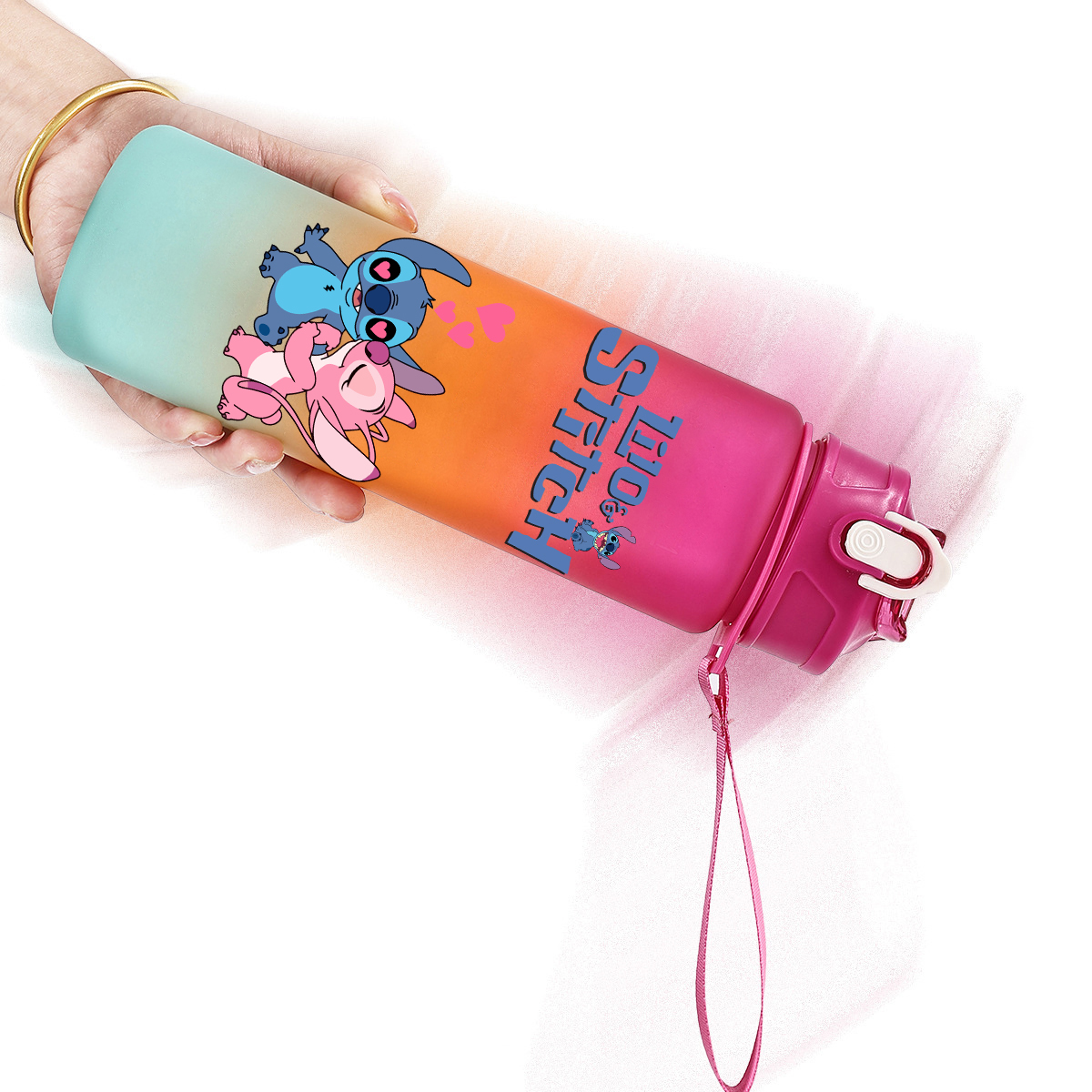 Taza de agua con pajita de plástico de Disney Lilo Stitch, botella de agua deportiva para exteriores, 750Ml, gran capacidad, herramientas para beber para acampar de alto valor