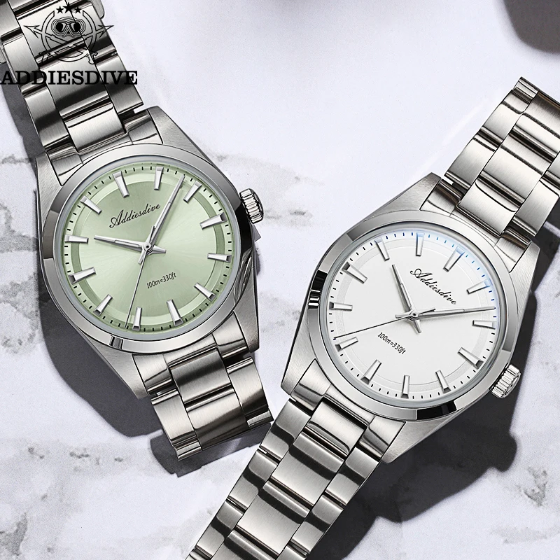 ADDIESDIVE 36MM Reloj Simple de acero inoxidable para Hombre con espejo de burbuja de cristal relojes de cuarzo de lujo 100M resistente al agua AD2066 Reloj para Hombre