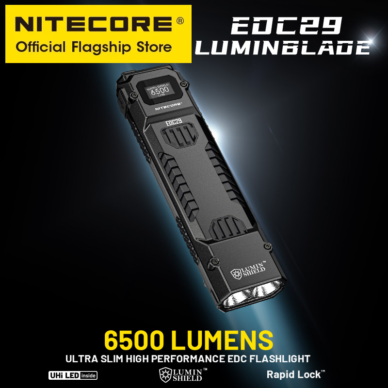 NITECORE EDC29 Utra Slim EDC linterna 6500 lúmenes USB-C recargable táctica Troch luz incorporada 2500mAh Li-ion batería