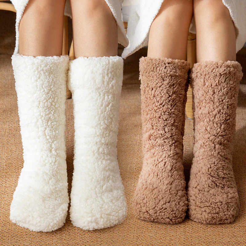 1 par de calcetines térmicos de Cachemira tejidos gruesos para invierno, calcetines para dormir con alfombra de terciopelo de Color sólido, calcetines antideslizantes para suelo