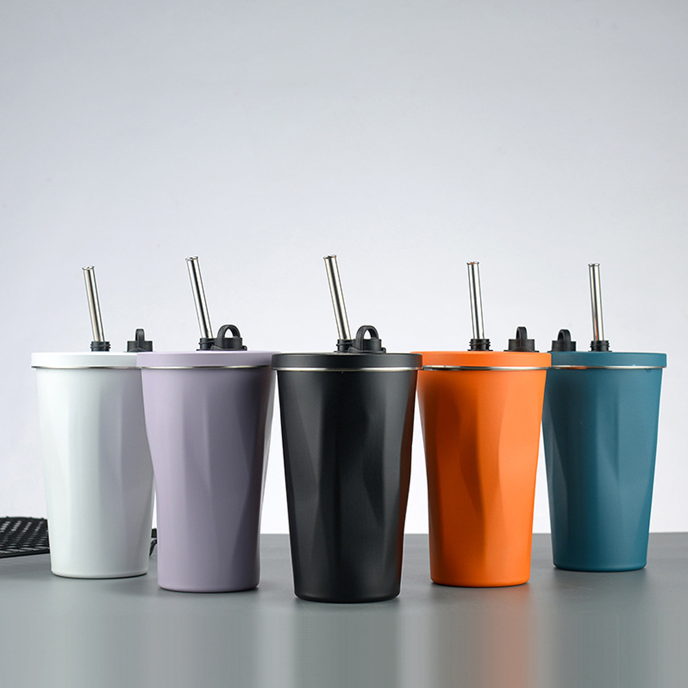 Taza de café con forma de diamante de acero inoxidable 304, taza aislada con pajita creativa, taza de agua Simple portátil de gran capacidad para coche