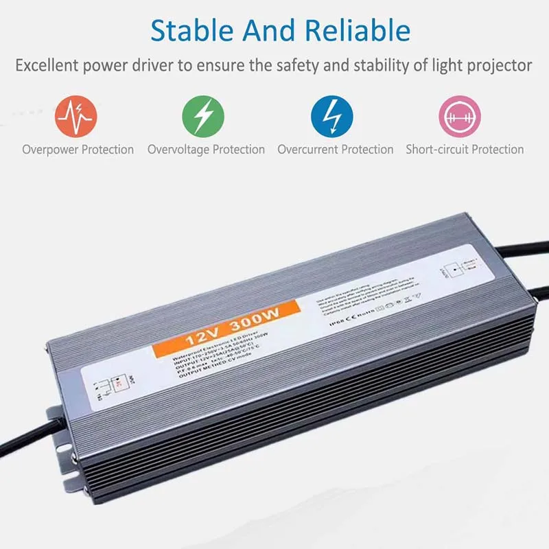 DC 12V 24V Alimentatore switching impermeabile IP67 ~ IP68 Trasformatore di illuminazione a LED per esterni 10W 20W 30W 50W 60W 80W 100W 200W 300W