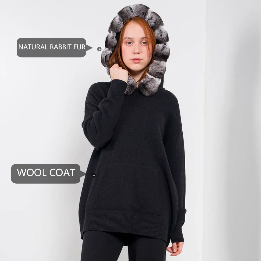 Suéter de punto de piel Real para mujer, jersey de moda de otoño e invierno, cuello de piel de conejo Rex Natural, Sudadera con capucha informal cálida