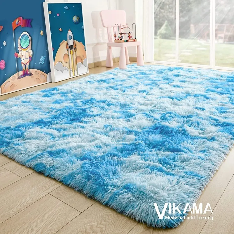 VIKAMA Tie-Dye Gradient Fuzzyพรมนุ่มสบายห้องนั่งเล่นสาวน่ารักเด็กห้องนอนเตียงขนาดใหญ่ชั้นMat