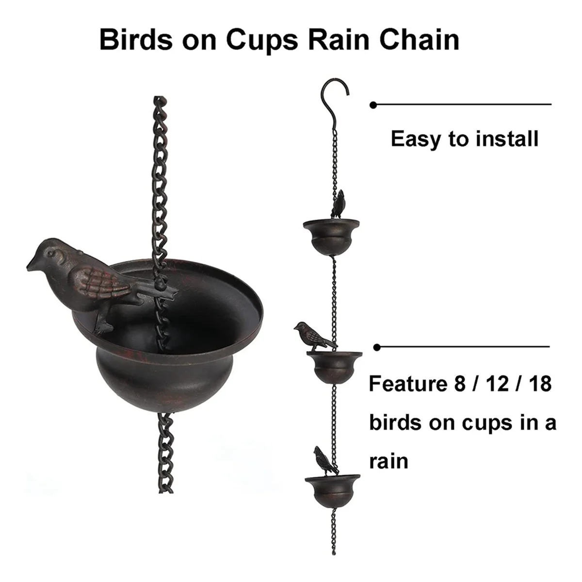 Correntes de chuva para calhas, Aves móveis em copos, Rain Chimes com cabide anexado, 7,8ft
