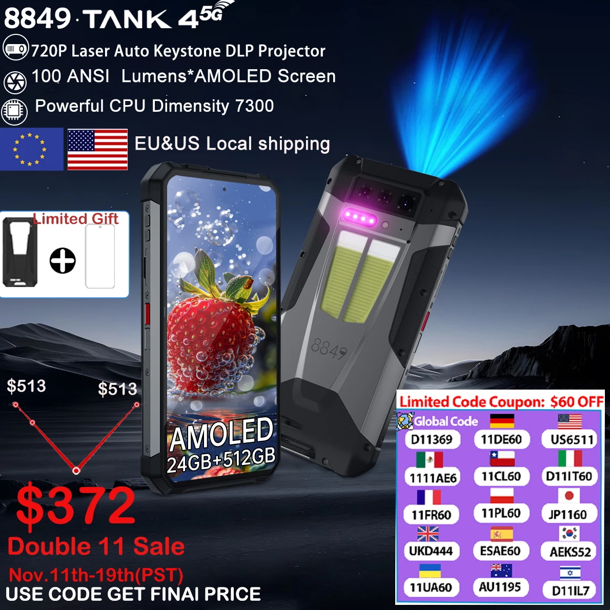 8849 Tank 4 Unihertz 5G Proyector para teléfono inteligente resistente 720P 100 lúmenes 6,78 ''AMOLED 512G Android14 11600mAh Dimensidad 7300 120Hz