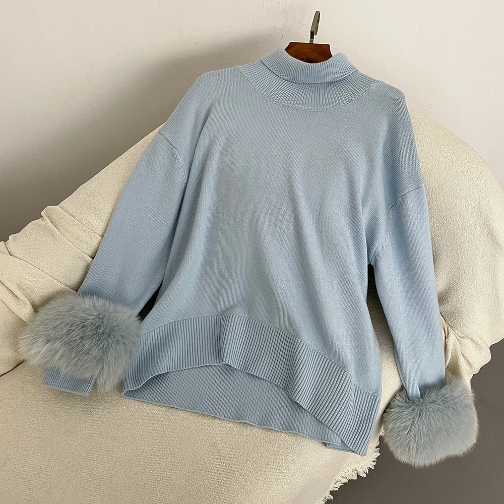 Oftbuy Echt fuchs Pelzmantel 2024 Pullover Frauen Herbst Winter neue Mode Ärmel Slim Fit Pullover Pelz Strickwaren Pull Femme Vintage