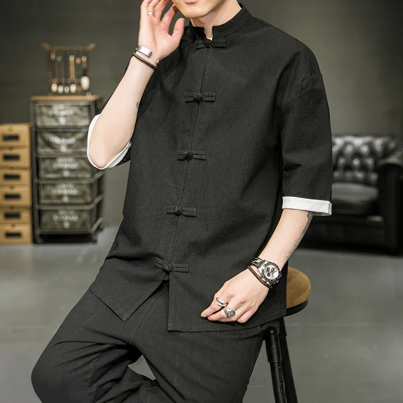 Camisa de estilo japonés para hombre, camiseta de verano con cuello levantado chino, Kimono Yukata, ropa samurái, franjas de diferente Color, abrigo informal Hanbok
