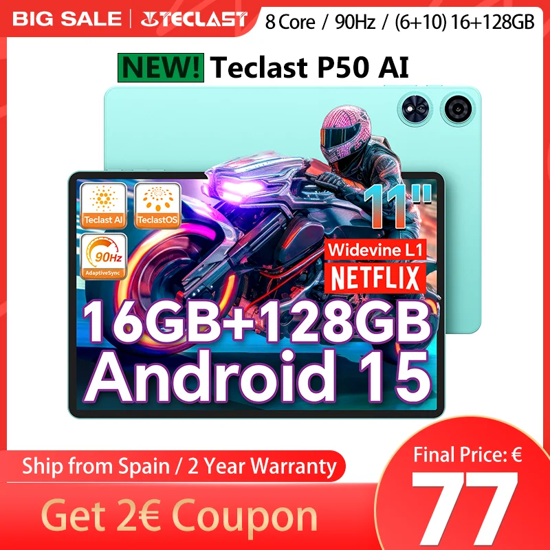【Nuevo】 Tableta Android 15 Teclast P50Ai 11 pulgadas 90 Hz (6 Gb + 10 Gb) Max.16 Gbgb Ram 128 Gb Lpddr5 1280X800 Allwinner A733-Ai Octa-Core