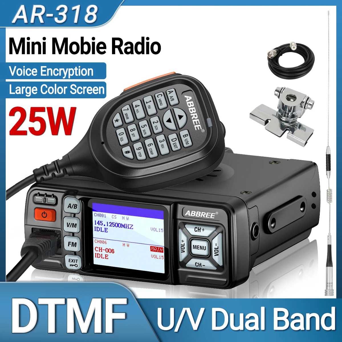 ABBREE AR-318 Mini-Mobilfunkgerät, 25 W, U/V-Band, große Reichweite, Dual-Modus-Uhr, DTMF, Sprachverschlüsselung, Auto-Walkie-Talkie