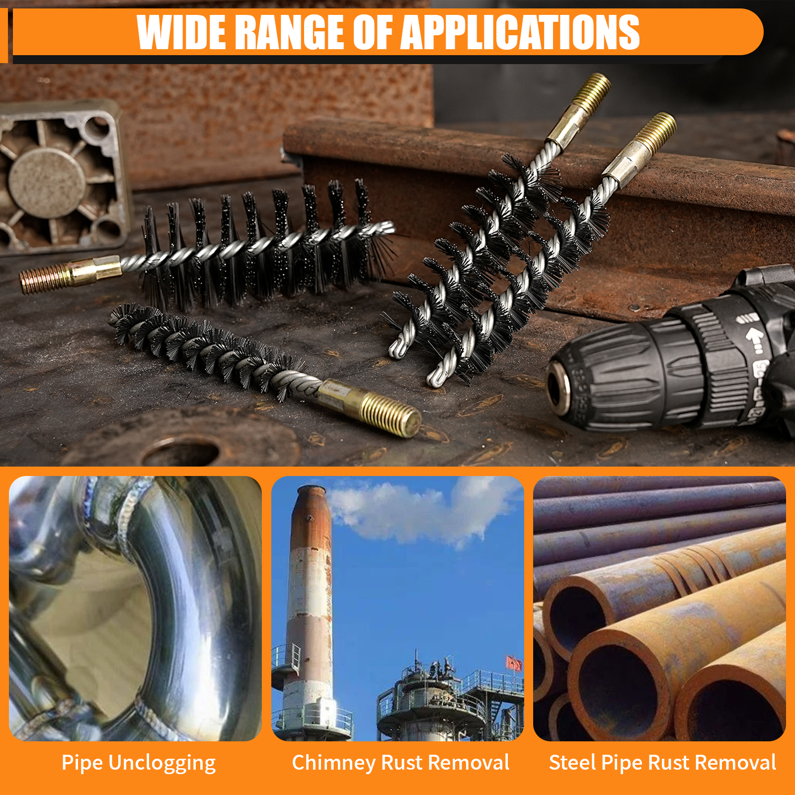 1Pc M12 Threaded Brush Stainless Steel Wire Tube Brush Chimney Cleaning Tool Round Handle Rust Removal Wire Brush 18-75mm