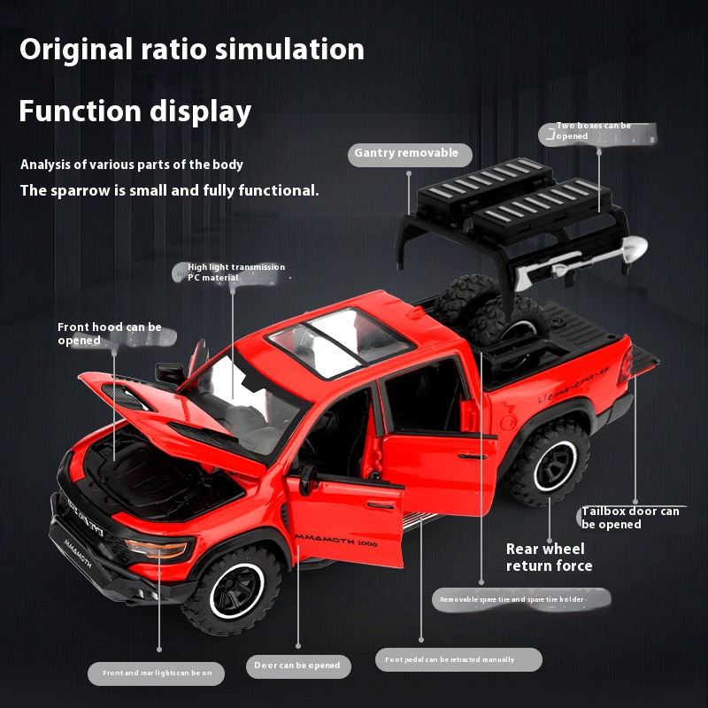 1:32 RAM MAMMOTH Pickup Off Road Vehicle Miniaturowy odlewany metalowy model samochodu Zabawka Odciągnij dźwięk i światło Kolekcje Prezenty