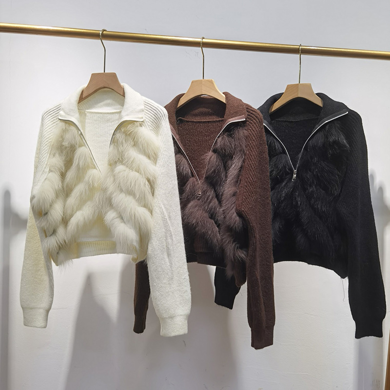 Pulôver de malha curto feminino com pele de raposa real manga longa corte de pele genuína pulôver feminino jumpers com zíper