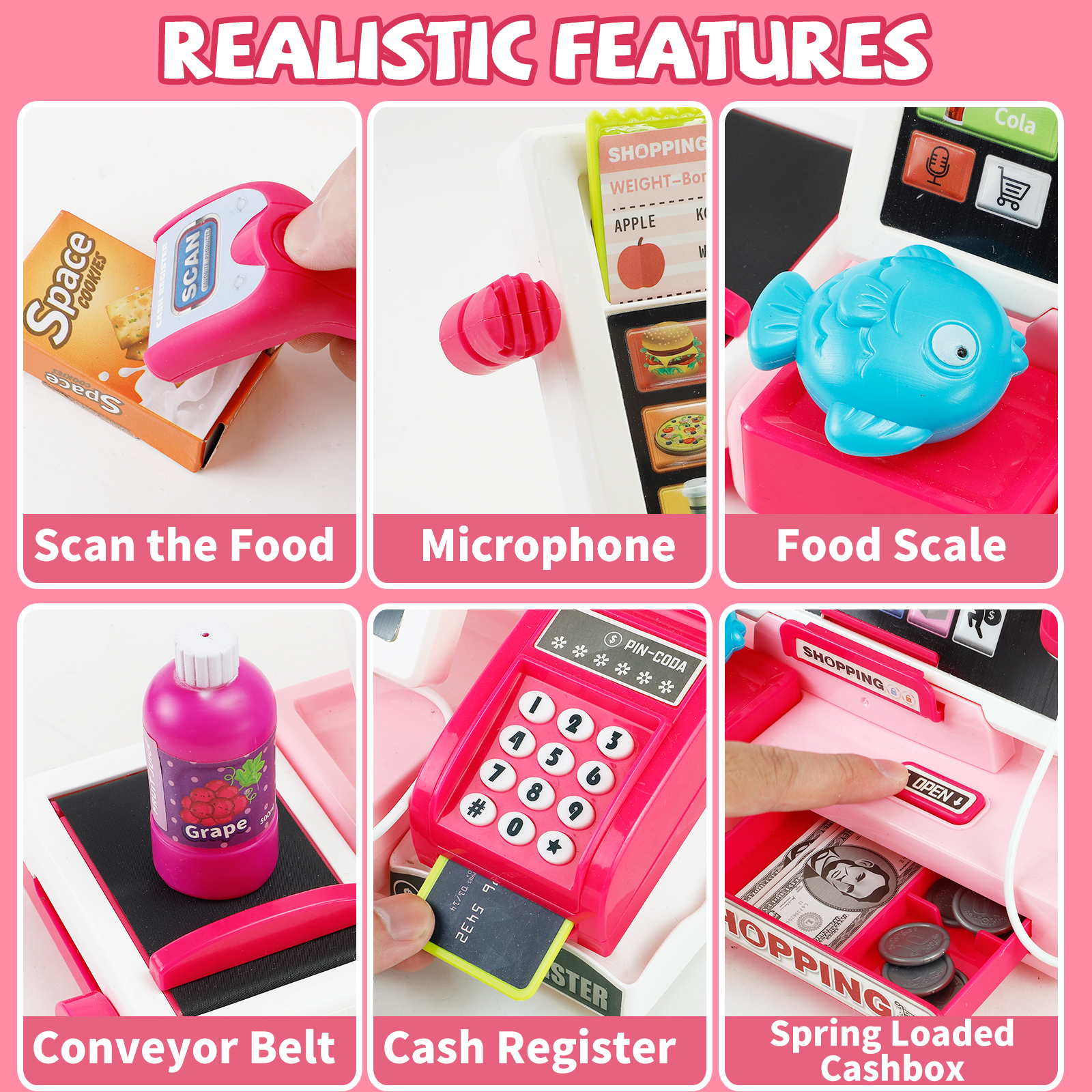 Shopping Cash Register Playset with Real Calculator, Pretend Play Store, Learning Toy, Christmas/Halloween/New Year Gift