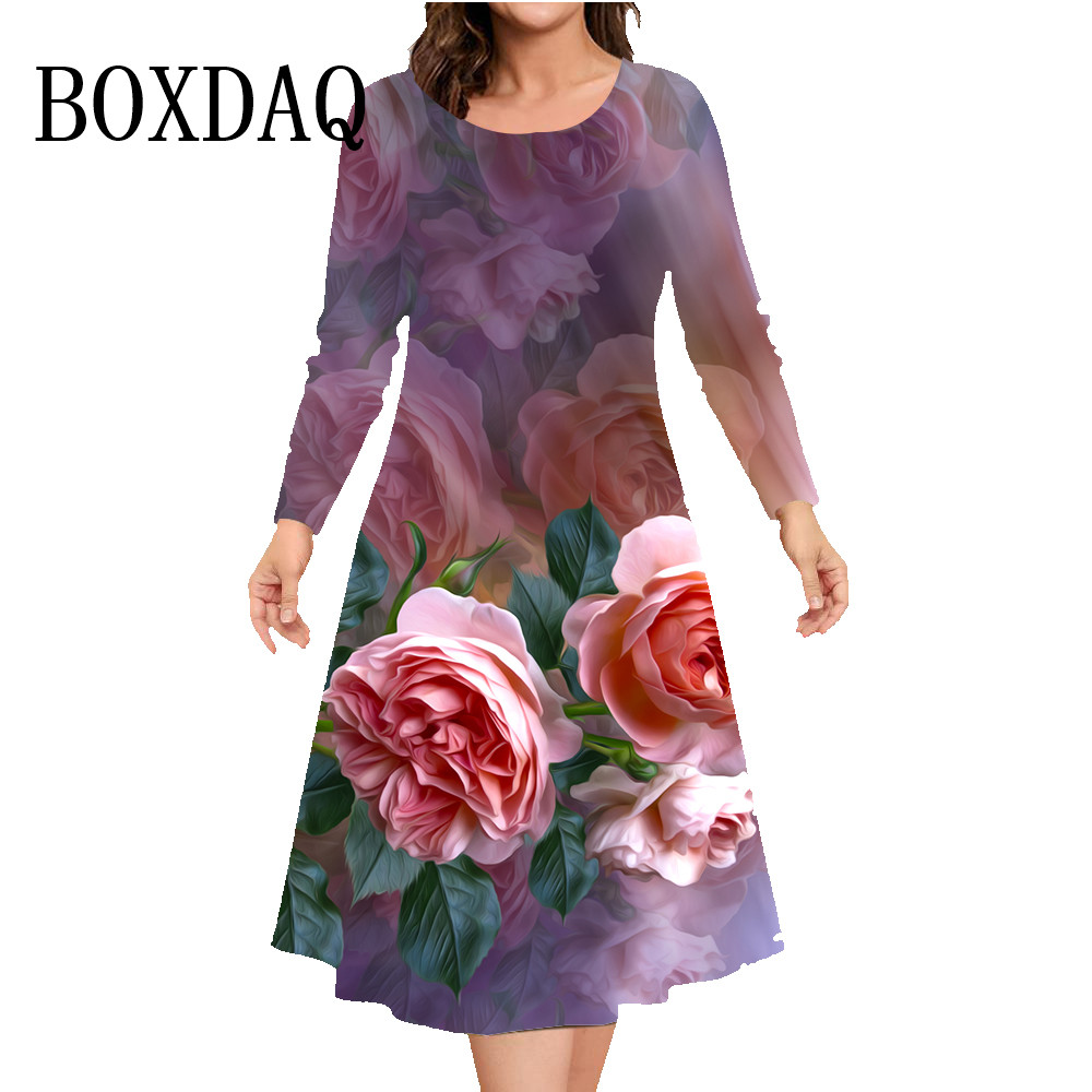 Blume O-Ausschnitt Kleid lässig lose Druck Kleider Frauen Mode Party A-Linie Kleid Herbst Winter Langarm plus Größe Kleidung 9xl