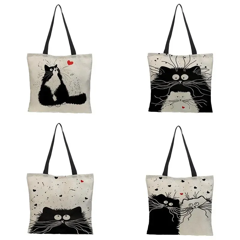 Bolsa de lona com impressão digital de alta definição, sacola de compras com padrão de gato, ecológica e portátil, bolsa de linho