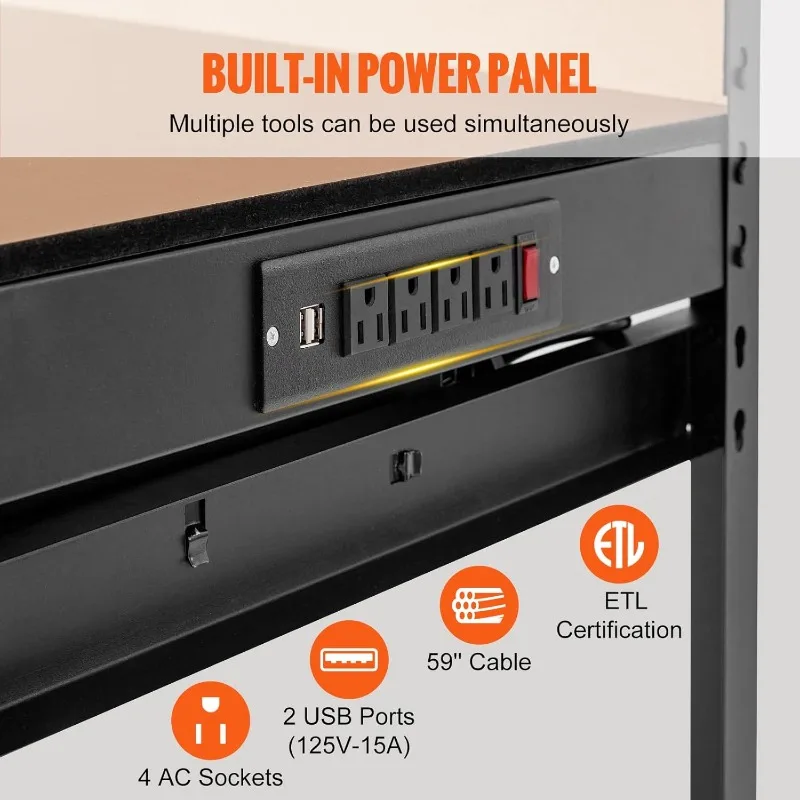 VEVOR Workbench, A3 Steel Workbenches for Garage max 1500W, Heavy Duty Work Bench with 220lbs Load Capacity, Hardwood Workbench