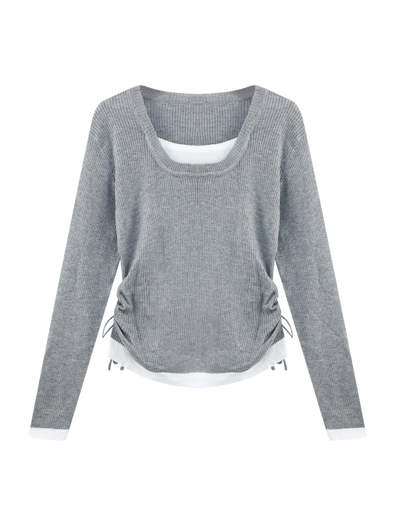 Women's Long Sleeve Knitted Sweater Slim Fit Drawstring Color Block Pleated Base Shirt Inner Wear Top Spring New Sle