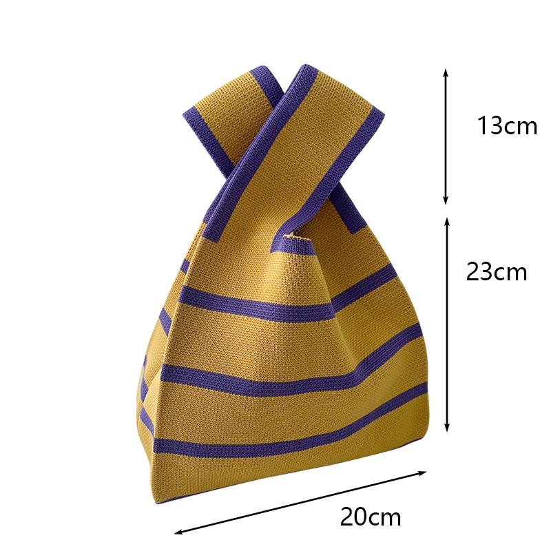 Handgemachte Strickhandtasche Damen Mini Knoten Handgelenktasche Mode Lässig Farbe Breiter Streifen Karierte Einkaufstasche Student Wiederverwendbare Einkaufstaschen