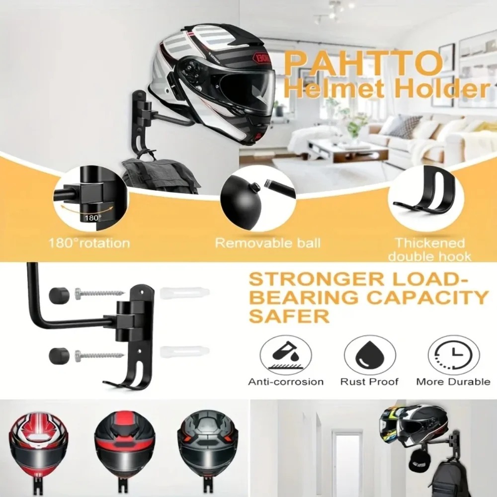 Suporte para capacete de motocicleta Suporte para capacete de montagem na parede 180 °   Cabide de capacete de rotação com ganchos para casacos bonés bicicleta beisebol rugby helme
