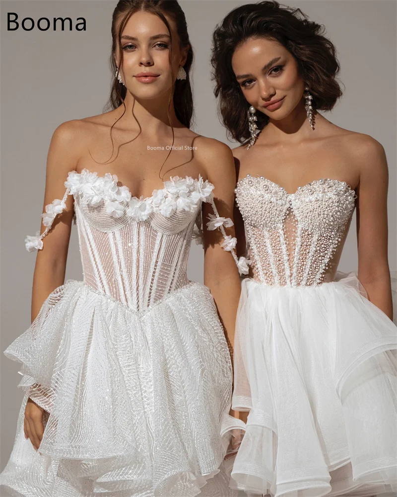 Booma A-Line ชุดแต่งงานเรียบง่ายปิดไหล่ดอกไม้ MINI SHINY Elegant Brides Gown CUSTOM Made 2025