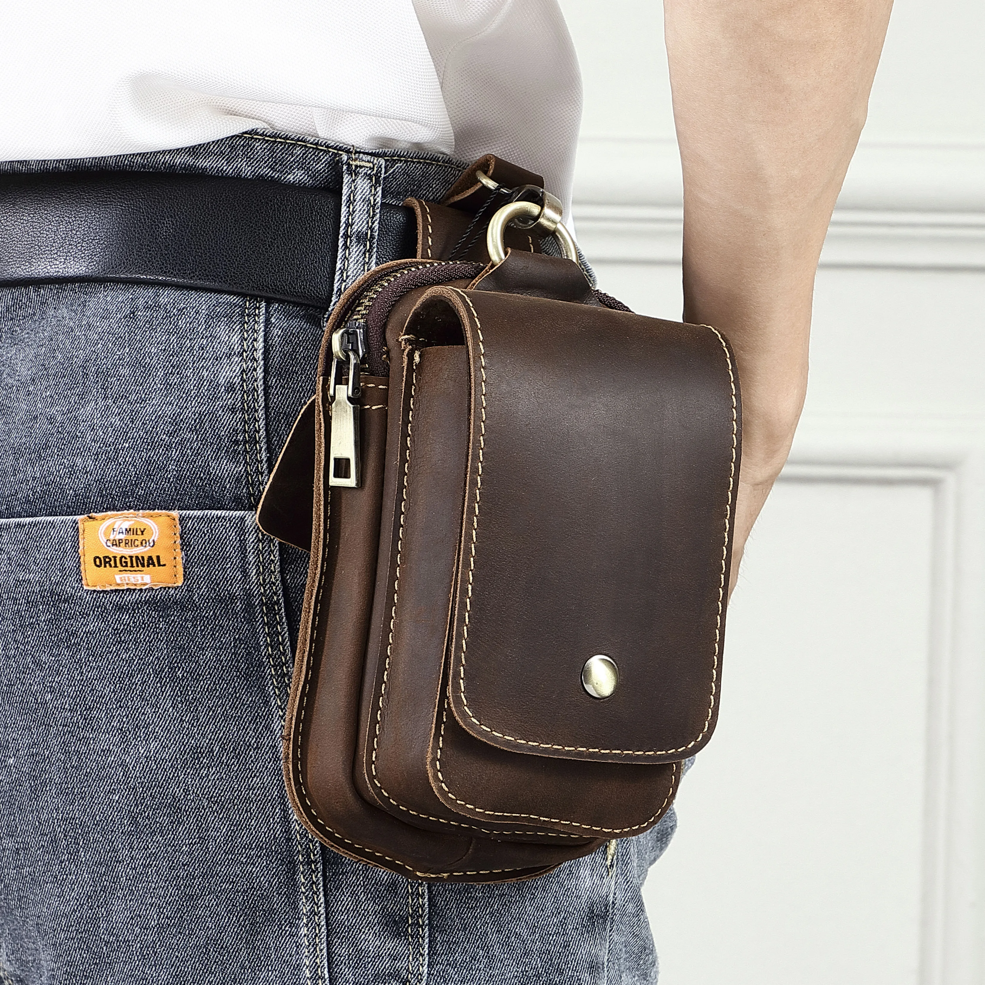 AIGUONIU Echtes Leder Retro Haken Design Handy Kleine Taille Tasche Taille Gürtel Tasche Herren Laufen Taille Tasche Fanny Pack