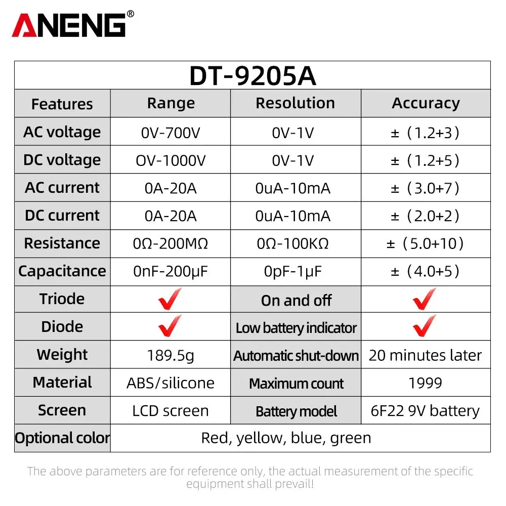 ANENG DT9205A multímetro Digital AC/DC Transistor eléctrico NCV probador medidor Profesional analógico rango automático herramientas Multimetro