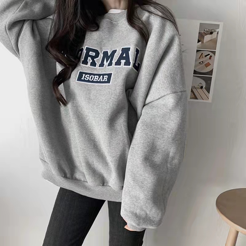 Oversize Grey round Neck Fleece Lined Loose Women's Sweatshirt Small Size Trendy Ins Sle Comfortable Long Sleeve Top