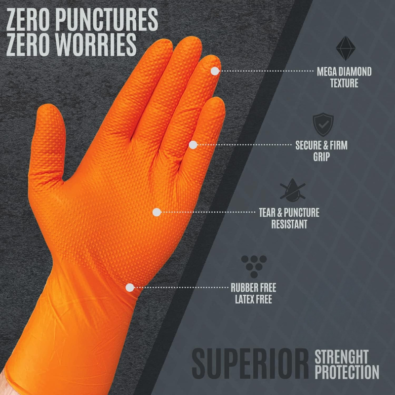 8 Mil Heavy Duty Industrial Orange Disposable Nitrile Gloves Diamond Textured Tear-Resistant for Mechanic Safety & Work Glove