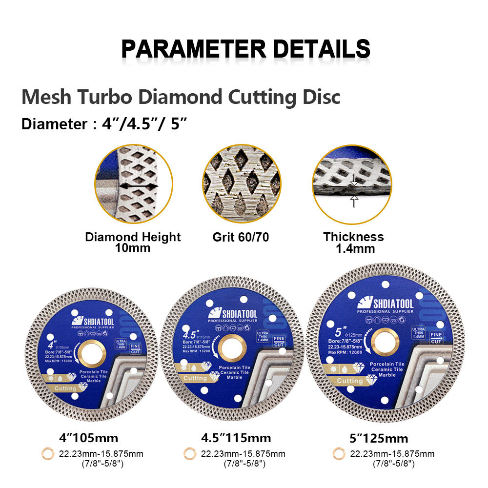 SHDIATOOL 1 PC 4/4.5/5 นิ้วตาข่ายเพชรตัด Superthin หินแกรนิตหินอ่อน Turbo Blade กระเบื้องพอร์ซเลนเครื่องบดมุมเซรามิค