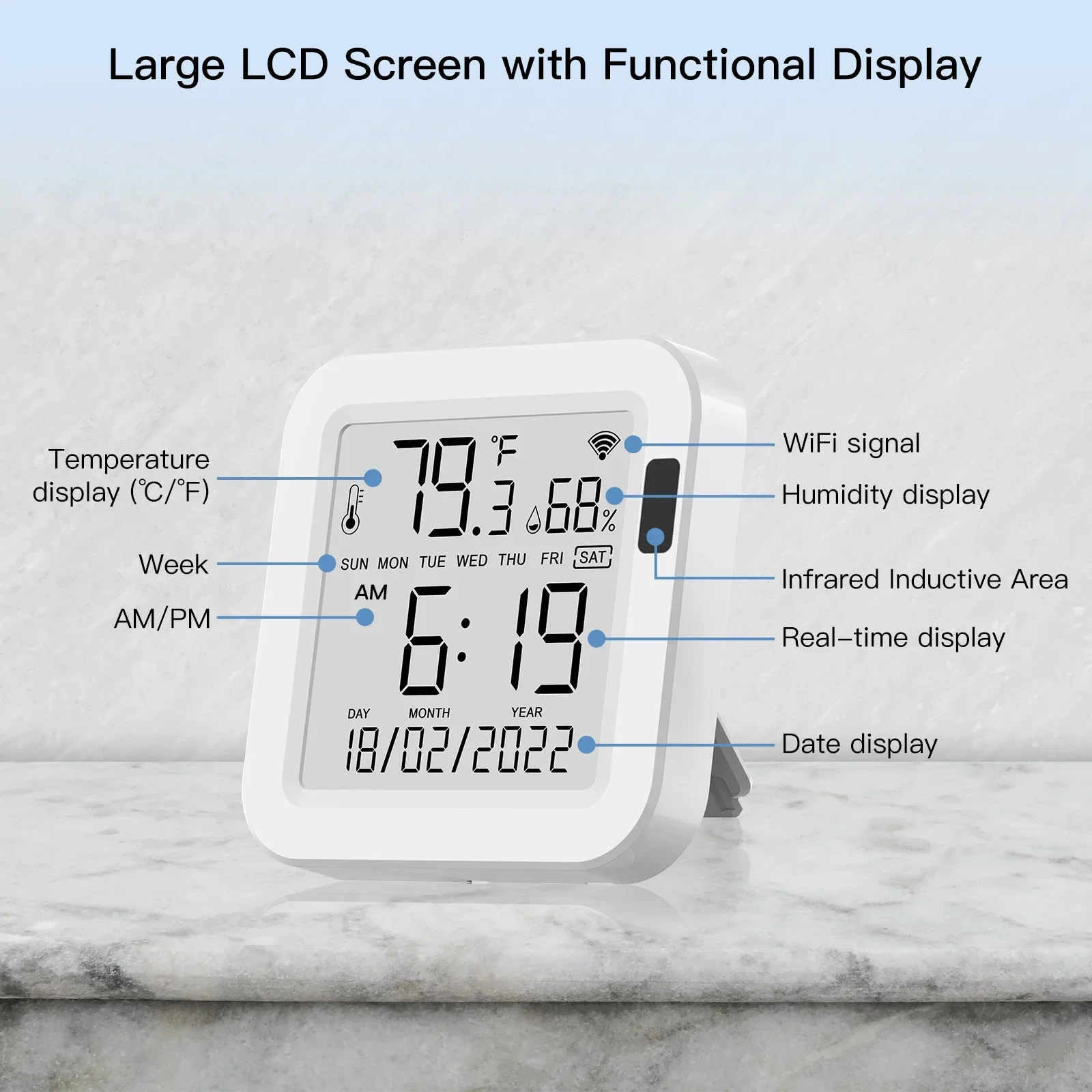 MOES-Sensor de temperatura y humedad WiFi, pantalla LCD, detección infrarroja, retroiluminación, aplicación remota inteligente Tuya, Control por voz de Alexa y Google