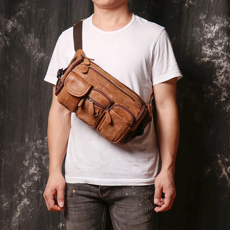 LJ-201 Tas Pinggang Pria Antik Antik, Kulit Buram, Tas Dada Hiking Wanita, Tas Selempang Bahu Kulit Asli