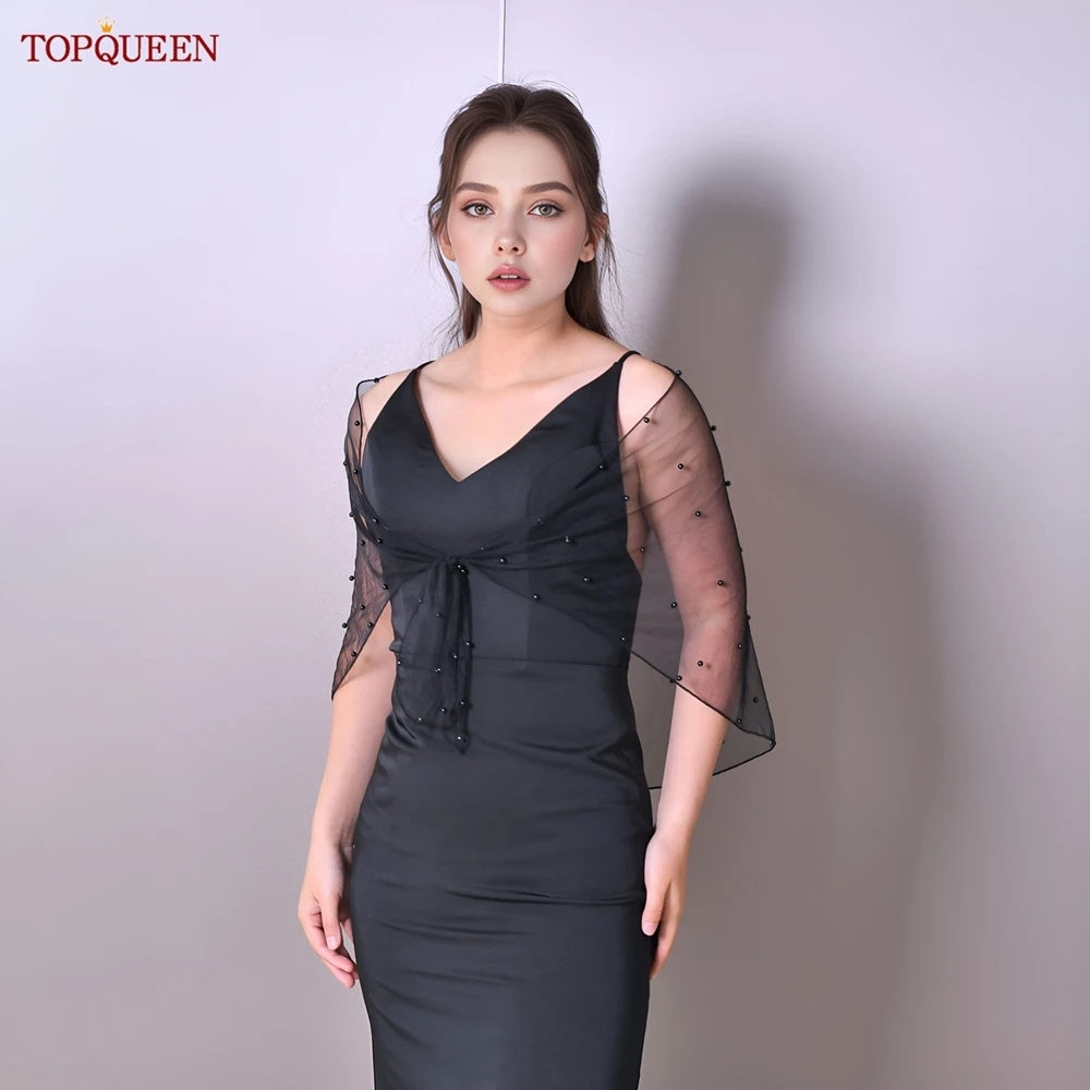 TOPQUEEN syal hitam wanita satu potong kain Tule bungkus dada seksi hitam pendek atasan bungkus jubah Bikini Cover-up kardigan gaun VG86