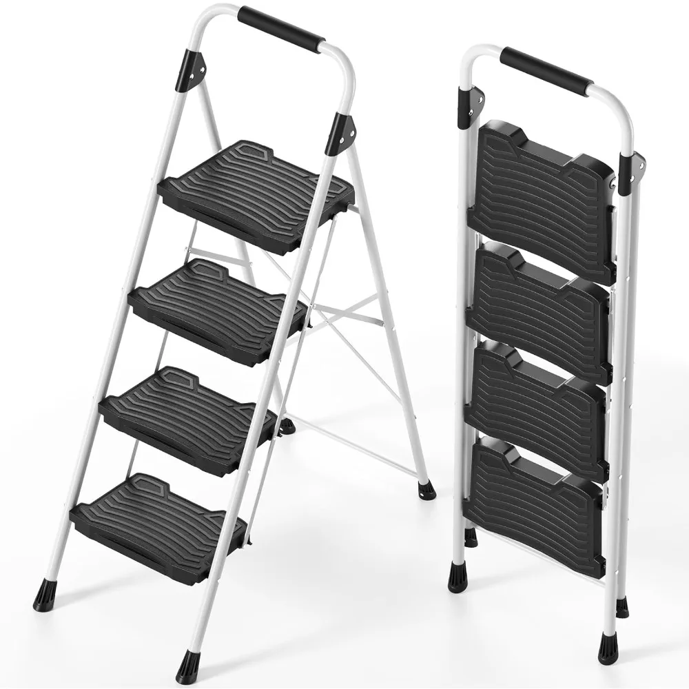4 Step Folding Ladder, 900 lbs Load Capacity, Non-Skid Large Pedals, Handrail, Safety Lock, Sturdy Step Stool for Home