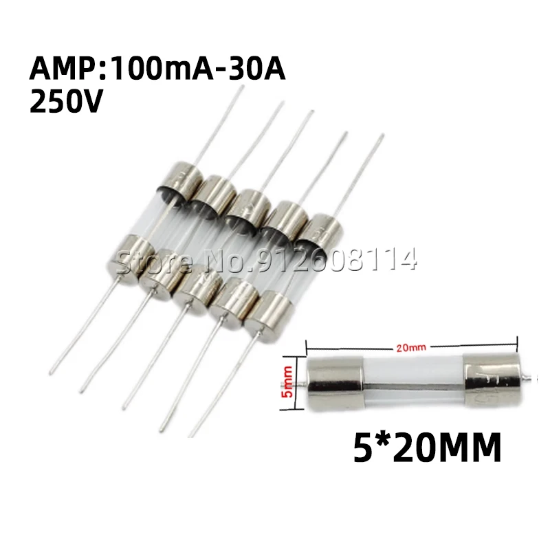 20 piezas fusible de vidrio de 5*20MM 250V 0.5A 1A 1.5A 2A 3A 3.15A 4A 5A 6.3A 8A 10A 15A 25A tubo fusible de vidrio de plomo