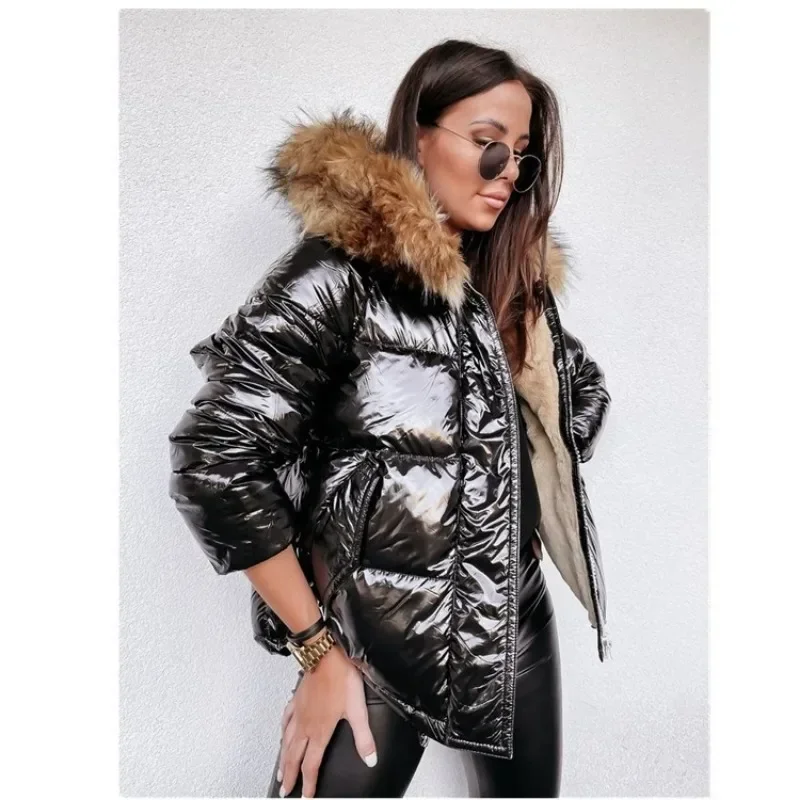 Parkas para mujer, Chaqueta corta de algodón holgada con capucha de invierno, Chaqueta de algodón cálida con cremallera a la moda de Color sólido para mujer
