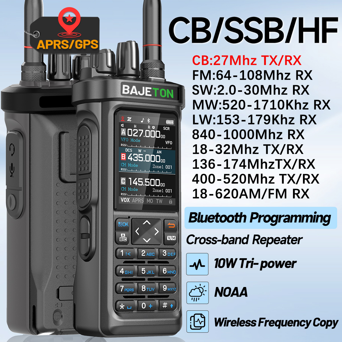 BAJETON BJ-9000 APRS GPS Walkie Talkies Bluetooth Programming 10W CB 27Mhz Transceiver Receive ShortWave For RT-950 Ham Radio