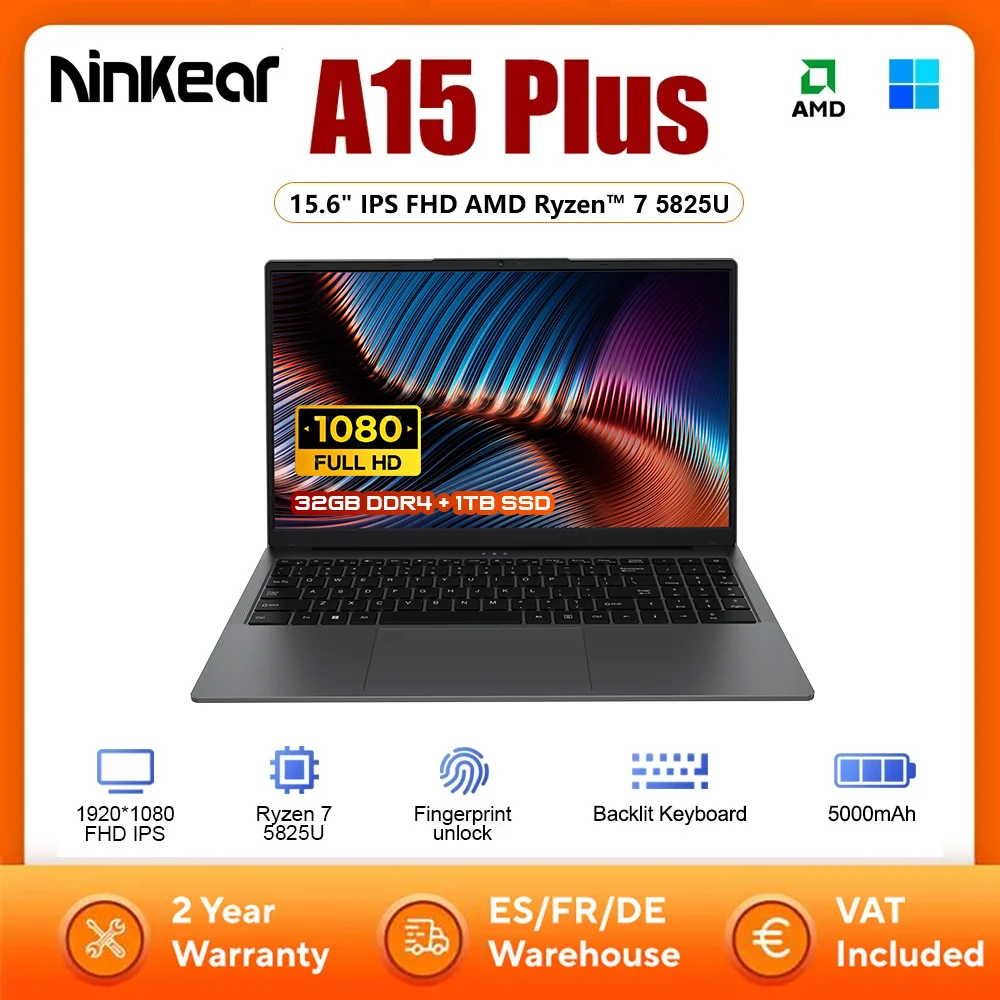 Laptop Ninkear A15 Plus z procesorem AMD Ryzen ™   Laptop 7 5825U 15.6" IPS FHD, 32GB DDR4, 1TB SSD, Windows 11, Wifi 6, komputer do gier
